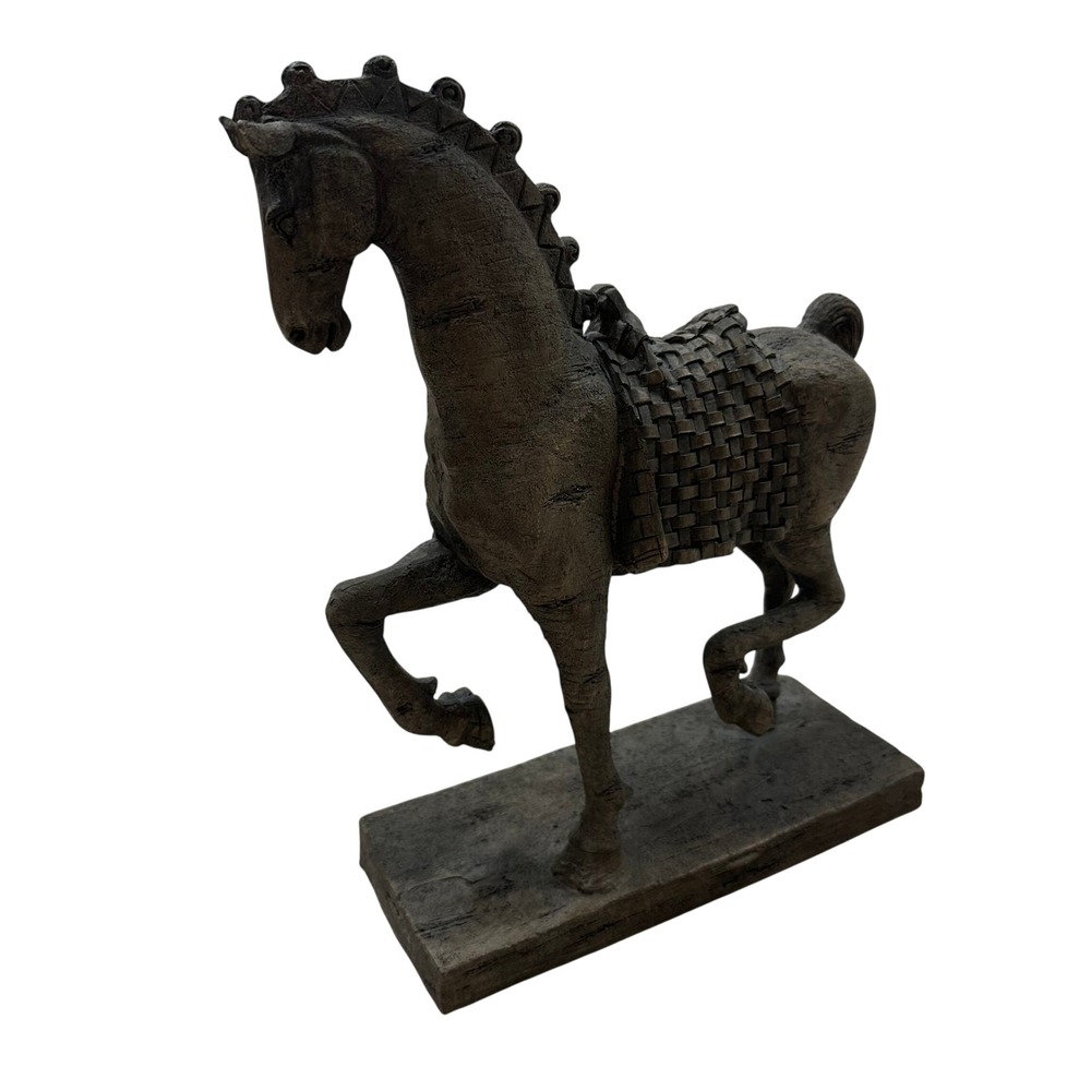 Vintage Tang Dynasty Style Prancing Horse Statue Woven Saddle Faux Stone 12.5in